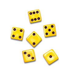 Yellow dice from one to six dots isolated on a white background. Object of gambling, poker, and board games. Design