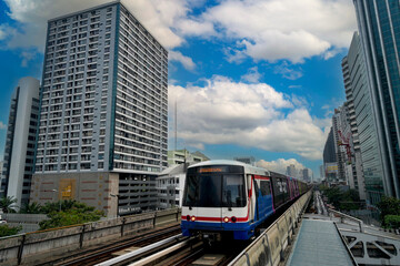 skytrain over the traffic in the city centre in the city of Bangkok