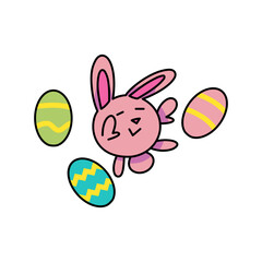 pink easter bunny, jumping surrounded by 3 easter eggs.