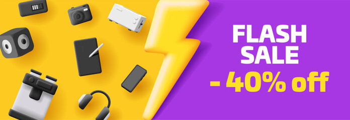 Gadget and kitchenware sale banner with 3d illustrations of smart devices and firebolt