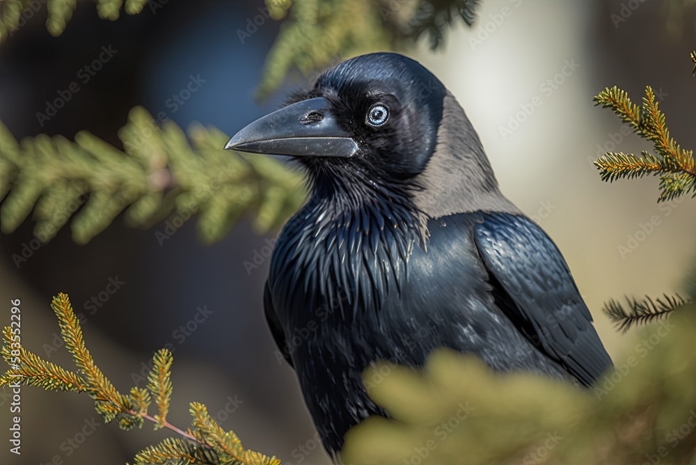 Poster image focusing in on a european rook perched on a tree generative ai