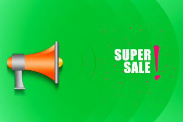 Super sale, words, and megaphone, on a bright green background. Seasonal sales concept. Trade....