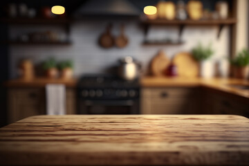 Wooden table and modern kitchen backround ready for product or food display, ai generative
