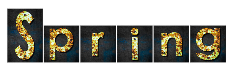 Spring. Words made from rusty iron letters. Isolated on white background.Concept seasons. Design