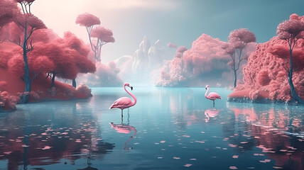 pink flamingos in the fantasy lake , landscape , generative ai - 583553210