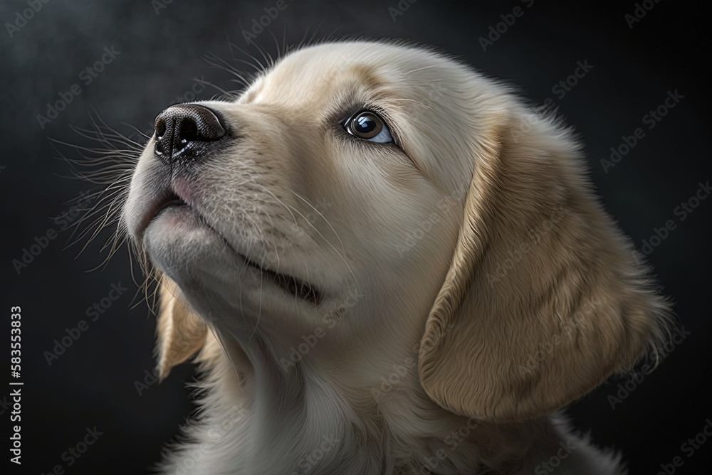 Poster a close-up of a cute golden retriever puppy with an upward gaze generative ai