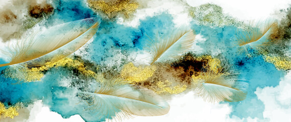 Fototapeta na wymiar Art wallpaper with feathers. Modern creative design watercolor texture for home decor, banners, and prints. Vector illustration.