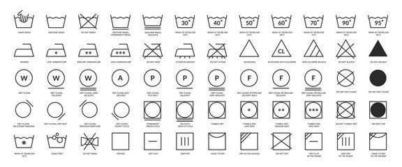 Set of washing symbol, laundry care icons. Clothes washing instruction vector illustration - obrazy, fototapety, plakaty
