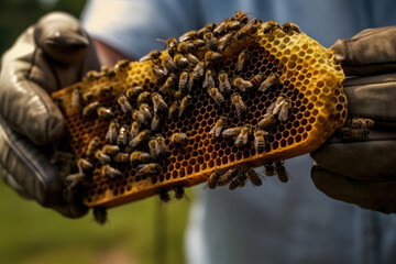 Fototapeta premium Beekeeper removing honeycomb from beehive. Beekeeping in countryside. Organic farming. Ai generative