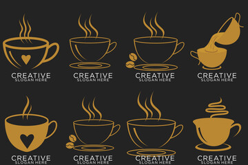 Set of coffee shop gold logo design collection with modern emblem shape Premium vector