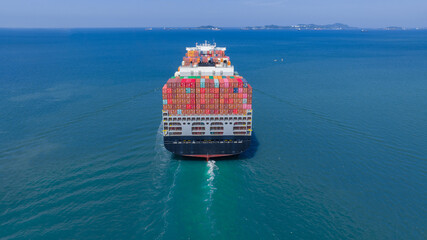 Stern of cargo ship carrying container and running for import goods from cargo yard port to custom ocean concept technology transportation , customs clearance. Freight Forwarding Service © Yellow Boat