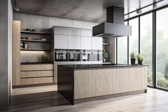 Mockup, toned image of a modern kitchen interior corner with two ovens set into a blank white wall and a black bar stand. Generative AI