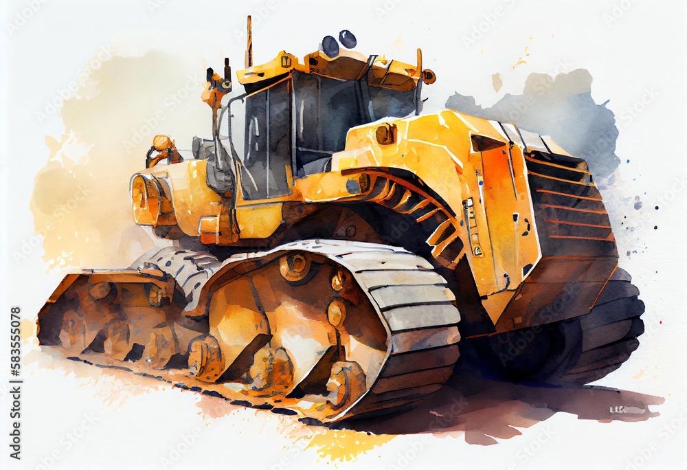 Wall mural Watercolor Illustration of a Futuristic Tractor Mining Machine Vehicle Background Design. Generative AI - Wall murals