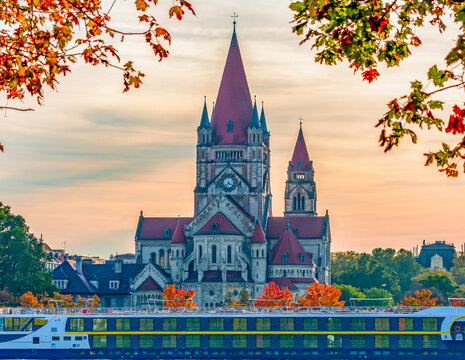 St. Francis Of Assisi Church And Danube River In Autumn, Vienna, Austria