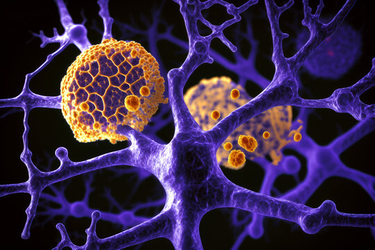 Alzheimer's and dementia disease: amyloid plaques forming between neurons. Illustration showing amyloid plaques in brain, distruction of neuronal networks. Generative AI.