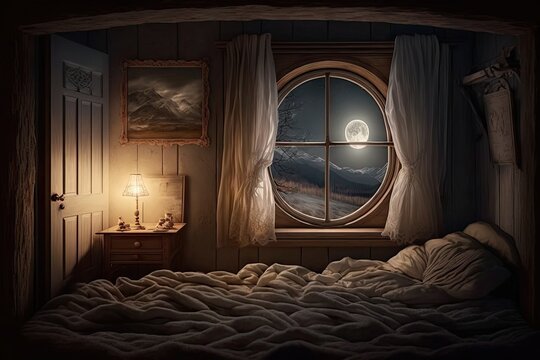 A Bedroom, With The Moon Shining Through The Window, And A Cozy Nightlight Providing A Warm Glow, Created With Generative Ai