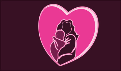 Mother and child stylized silhouette with pink heart. - 583556204