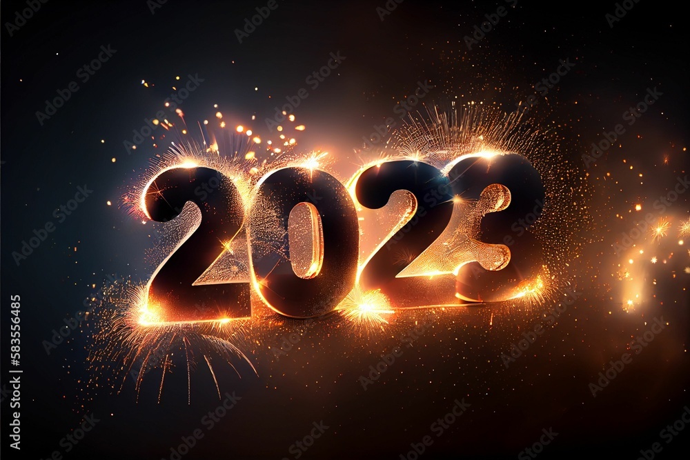Poster new year 2023 background with fireworks bokeh light
