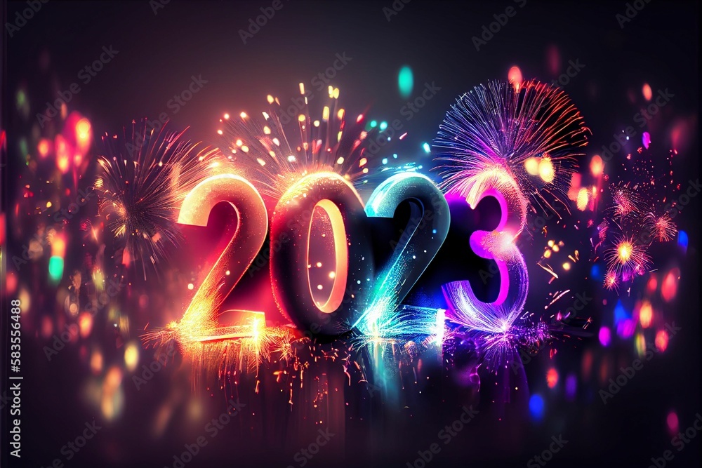 Poster new year 2023 background with fireworks bokeh light