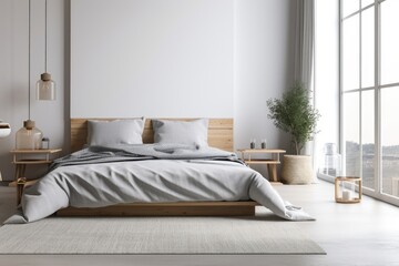 Interior design and decoration of a contemporary Scandinavian bedroom mockup. Grey bedding and pillows, a grey carpet, and sunlight from the window can be found in a bedroom with Japandi design