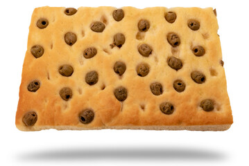 Italian focaccia with pitted green olives, olive oil, square slice