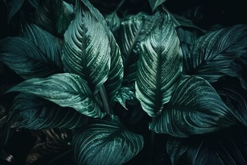 Leaves of Spathiphyllum cannifolium in the garden, abstract green texture, nature dark tone background, tropical leaf, Generative AI