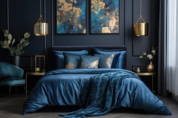 King size bed with blue linen and dark blue pillows and stylish golden lamp. Generative AI