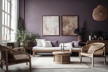 White and purple colors dominate this Japandi timber living room. Rattan furniture and wooden furniture. Mockup of wallpaper and frames, farmhouse style interior design. Generative AI