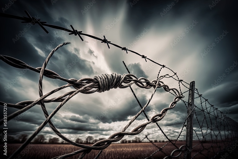 Poster image of barbed wire on a hazy background Generative AI