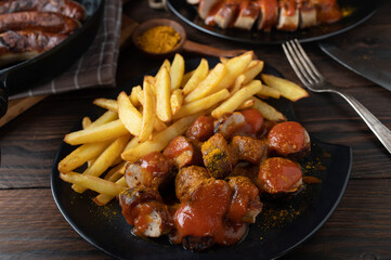 Curry Sausage with french fries on rustic and wooden table background.