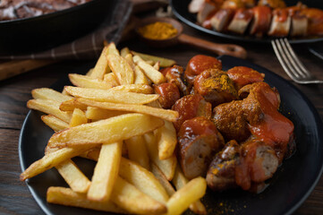 Homemade french fries with german curry sausage on rustic table