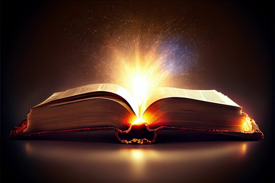 Light In The Middle Of The Opened Bible With Dark Background