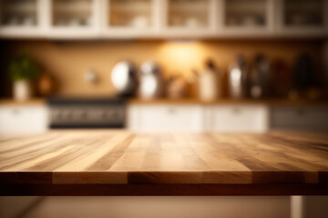 Wooden table and modern kitchen backround ready for product or food display, ai generative

