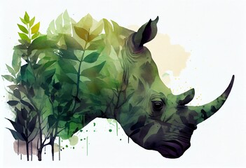 Watercolor Illustration of a Muzzle Of Rhinoceros Profile Silhouette With Leaves Of Tropical Vegetation Of Exotic Forests. The Concept Of Protecting Animals And Forest Environment. Generative AI