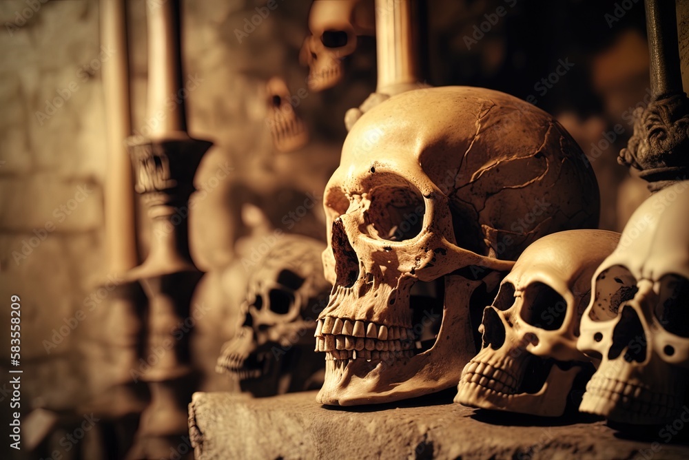 Poster skulls and bones up close in an ossuary; a terrifying and creepy sight generative ai