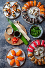 Fototapeta na wymiar Sushi and rolls sets. Japonese food. top view