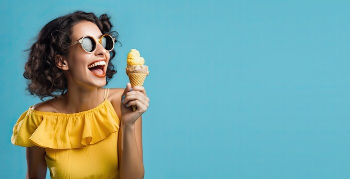 Beautiful Woman in a Summer Dress Eating an Ice Cream on a Blue Background with Space for Copy (Generative AI)