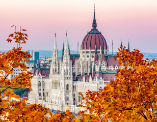 Hungarian parliament building in autumn at sunset, Budapest, Hungary