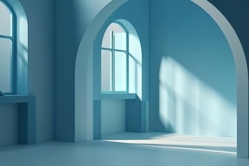 Minimal abstract light blue background for product presentation. Shadow of tropical leaves and curtains window on plaster wall. , Generative AI