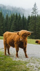 Vertical shot of a highland cow grazing on a mountainside valley