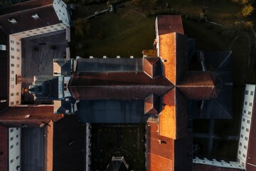 Aerial view over a monastery during golden hour in the town of Lilienfeld, Austria