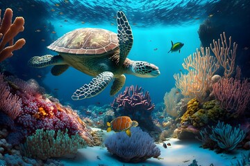 Obraz premium 3d water floor. Underwater world. Turtle. corals.