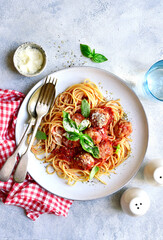 Pasta spaghetti with meat ball in tomato sauce . Top view.