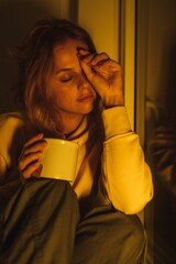 Vertical shot of a blonde girl with a mug sitting near window in yellow low-key lighting
