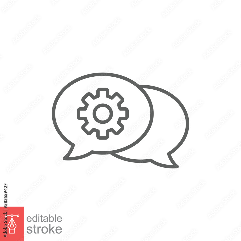 Poster settings chat icon. simple outline style. speech bubble with gear configuration. thin line symbol. d