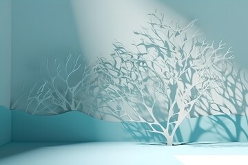 Minimalistic abstract gentle light blue background for product presentation with light and intricate shadow from tree branches on wall. , Generative AI
