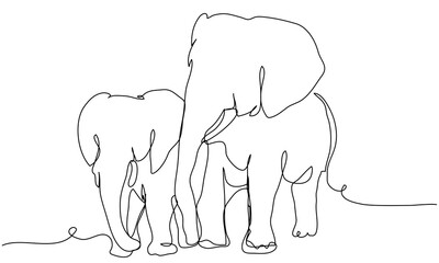 Two elephants in one line on a white background. Pair of minimalist animals. Friendship and family concept. Stock vector illustration.