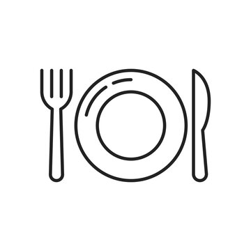 Plate, fork and spoon icon. High quality black vector illustration.