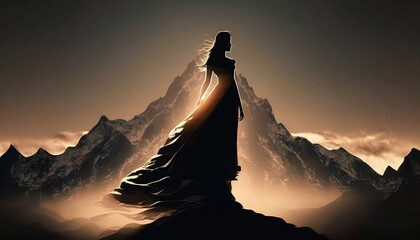 Women in dress in the mountains at sunset, Created with generative AI