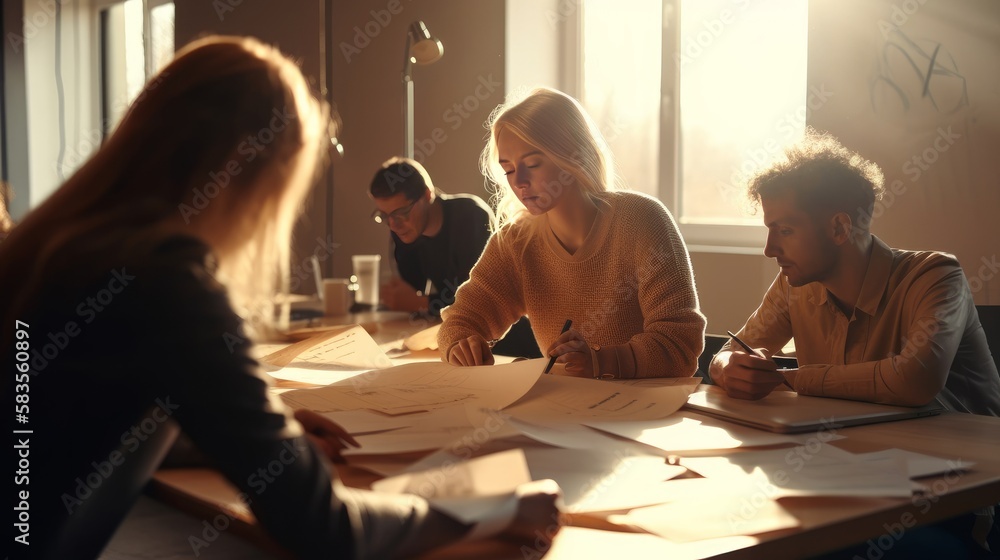 Poster group of architects working on project at table in office, generative ai